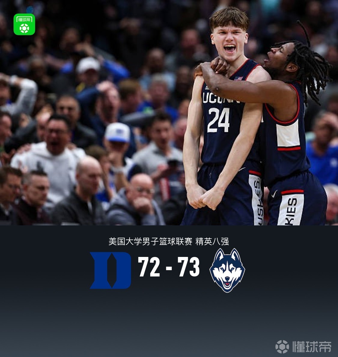 康涅狄格73-72绝杀杜克！马林斯logo三分绝杀，凯登-布泽尔致命失误